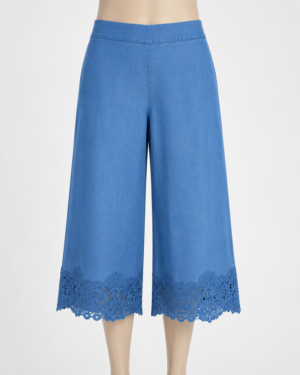 Calligraphie Women's Denim Culotte Pants High Rise Lace Trim Blue Size Medium